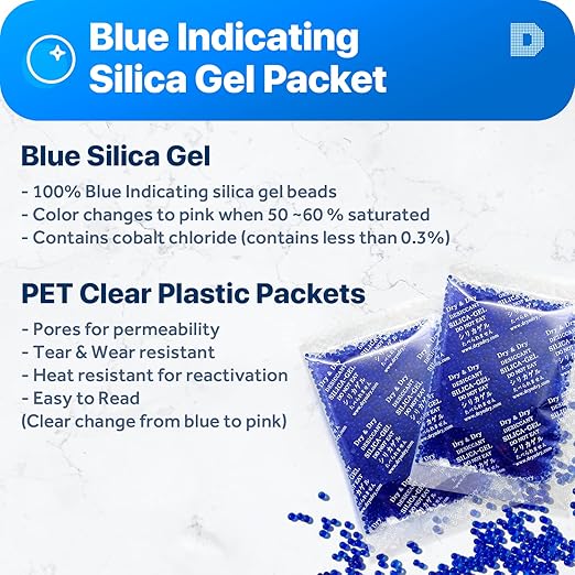 Dry & Dry Blue Indicating(blue to Pink) Silica Gel Packets Desiccant - Rechargeable Silica Packets, Silica Gel Packs (20 Gram, 7 Packets) - Image 2