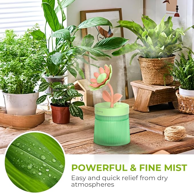 Cute Flower Mini Humidifier, 260ml Sunflower Desktop Humidifiers for Bedroom, Portable Small Cool Mist Humidification for Home, Baby Nursery, Office & Indoor Plants, USB Powered (Green) - Image 2