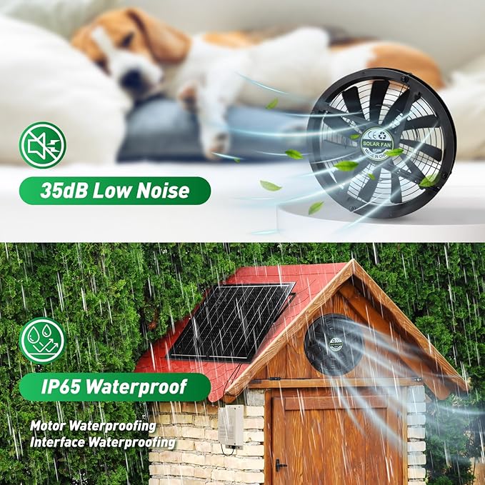 Solar Exhaust Fan with Battery, 40W 10" Solar Powered Fans for Greenhouse with 60Wh Battery Run Day & Night, Solar Vent Fan for Shed Chicken Coop Dog House Outside, Waterproof & Low Noise - Image 4