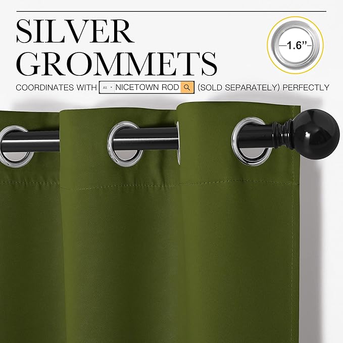 NICETOWN Christmas Bedroom Curtain Panels Blackout Draperies, Holiday Christmas Decor Thermal Insulated Solid Grommet Blackout Curtains/Drapes (One Pair, 34 by 45-inch, Olive Green) - Image 3