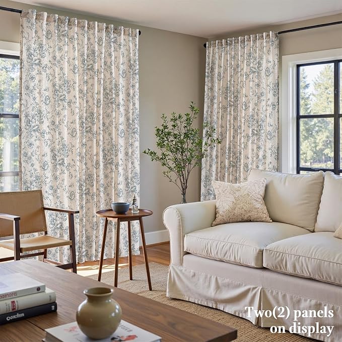 jinchan Linen Floral Curtains Extra Wide for Patio Sliding Glass Door Room Divider Curtain for Living Room 90 Inch Length Farmhouse Peony Blue Printed Curtain Set 1 Panel - Image 3