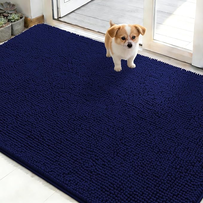 OLANLY Dog Door Mat for Muddy Paws 48x30, Absorbs Moisture and Dirt, Absorbent Non-Slip Washable Doormat, Quick Dry Chenille Mud Mat for Dogs, Entry Indoor Entryway Carpet for Inside Floor, Navy Blue by OLANLY