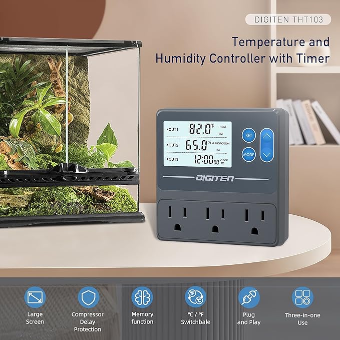 DIGITEN Reptile Temperature and Humidity Controller with Timer Outlet, Day-Night Function Thermostat, 3-Stage Outlet Plug in Temperature Controller for Reptile, Mushroom, Homebrew - Image 2