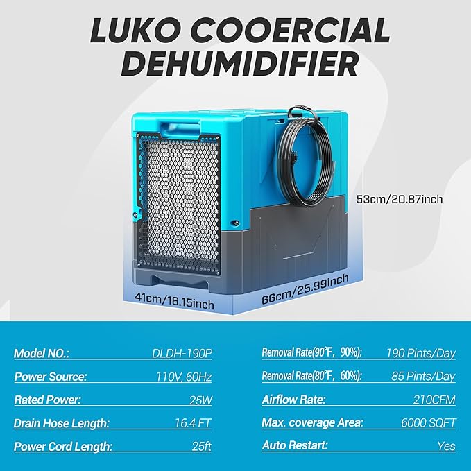 190Pints Commercial Dehumidifier for Basements with Pump Drain Hose, LGR Dehumidifiers with Wheels, Crawl Space Ddehumidifier for Basement, Warehouse and Garages Up to 6000 Sq.Ft, Blue-2026 Upgraded - Image 3