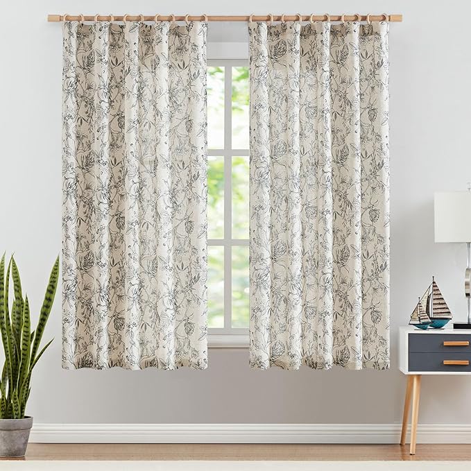 jinchan Floral Curtains 63 Inch Length Black Flower Linen Farmhouse Curtain for Living Room French Country Vintage Curtain Rod Pocket Curtains Set 2 Panels Balck Floral Printed - Image 2