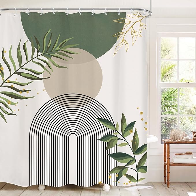 Boho Green Shower Curtain, Sage Bohemian Mid Century Modern 60Wx72H Bathroom Curtain, Abstract Gold Leaves Plant Olive Grey Minimalist Bathroom Decor Bath Curtain Polyester 12 Pack Hooks - Image 2