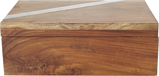 Deco 79 Mango Wood Decorative Box Decorative Keepsake Boxes with Silver Diagonal Stripes, Set of 2 Storage Boxes, Brown - Image 4