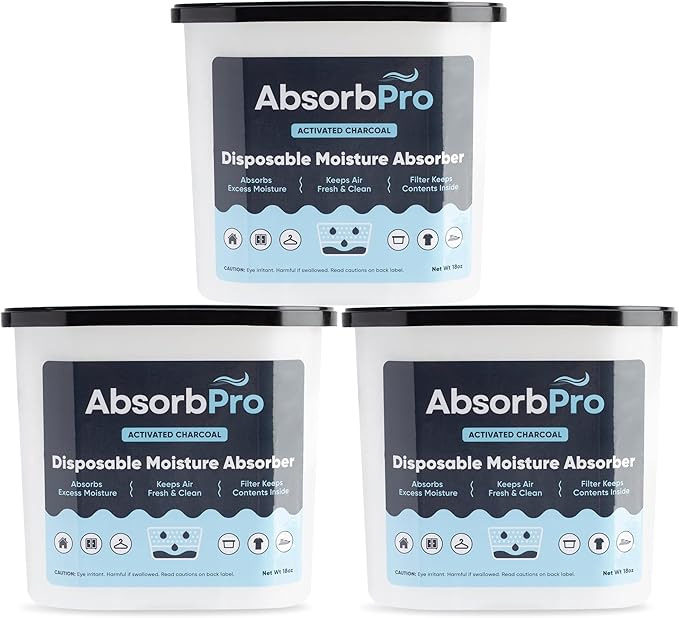 Moisture Absorber Tub with Activated Charcoal - 3-Pack - 18 oz Disposable Odor Eliminator Box & Dehumidifier for Garage, Home, Kitchen, Bedroom, Bathroom, Closet, Cars, and Boats by AbsorbPro