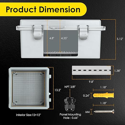 Waterproof Electrical Junction Box, IP67 Plastic Weatherproof Electrical Enclosure with Mounting Plate, Wall Brackets, for WiFi Electronics Project (13"×13"×5") - Image 5