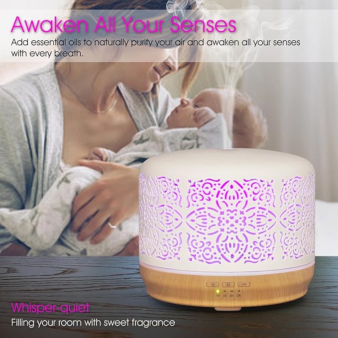 Earnest Living Essential Oil Diffuser White Ceramic Diffuser 500 ml Timers Night Lights and Auto Off Function Home Office Humidifier Aromatherapy Diffusers for Essential Oils - Image 5