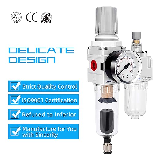 NANPU 1/4" NPT Auto-Drain Air Filter Regulator Lubricator Combo (FRL) Water/Oil Trap Separator - Gauge(0-150 psi), 5 Micron Brass Element, Poly Bowl, Metal Bracket - Image 6