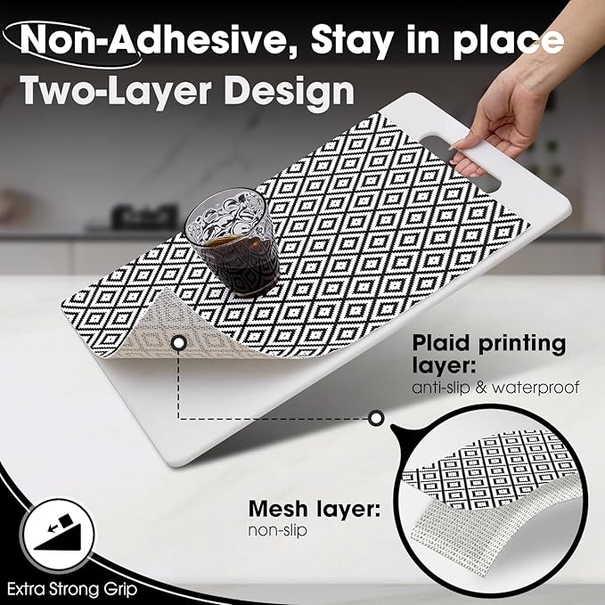 Drawer and Shelf Liner, Non-Slip Kitchen Cabinet Liners Non-Adhesive Thick Strong Grip Waterproof Washable Mats Protect Dresser Shelves Cupboard Bathroom Cabinets, Black & White, 18 in X 30 FT - Image 2