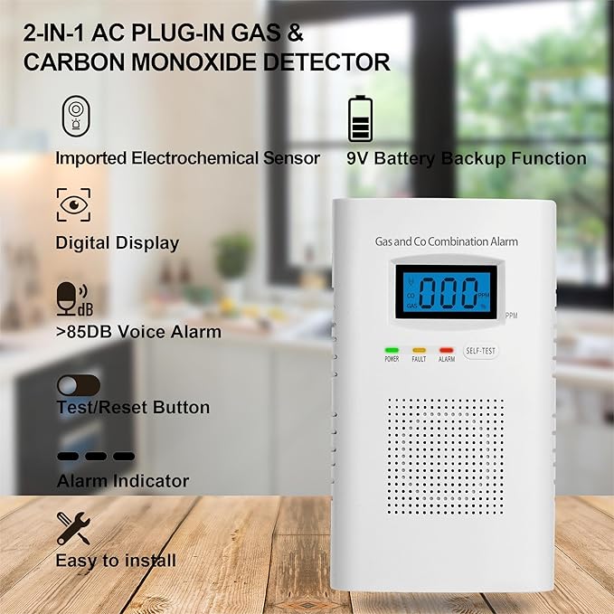 Plug in Combination Gas & Carbon Monoxide Detectors - Natural Gas Detectors & Carbon Monoxide Alarm for Home, Co Detector & Gas Detectors with Digital Display,Holds 9V Battery (not Included) - Image 3
