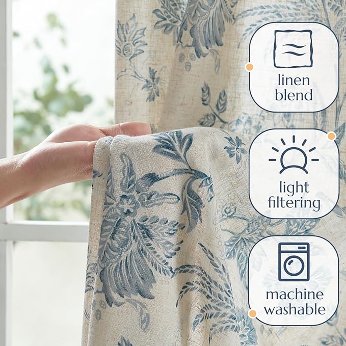 jinchan Linen Floral Curtains for Living Room with Printed Flower 90 Inches Long Light Filtering French Country Back Tab Rod Pocket Blue Window Curtain Set Farmhouse Drapes 2 Panels Blue - Image 4