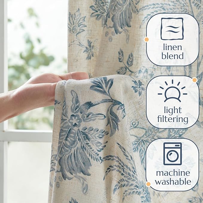 jinchan Linen Floral Curtains for Living Room with Printed Flower 108 Inches Long Light Filtering Extra Long Back Tab Rod Pocket Blue Window Curtain Set Farmhouse Drapes, 2 Panels Blue - Image 4