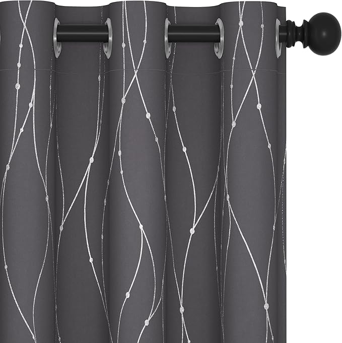 Deconovo Short Curtains Grey, Blackout Kitchen Curtain, Thermal Insulated Soundproof Drapes, Wave Dots Foil Print, 38 x 36 Inches, 2 Panels, Machine‑Washable Privacy Window Panel for Small Windows by Deconovo
