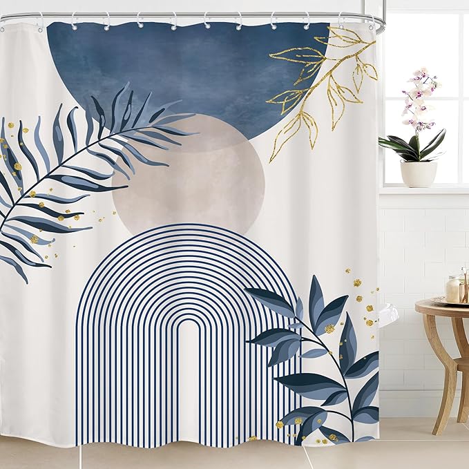 Blue Gray Boho Shower Curtain 72Wx84H Extra Long Dusty Blue Modern Bohemian Abstract Gold Leaf Mid Century Plant Bathroom Decor Minimalist Geometric Bath Curtain Fabric Polyester 12 Pack Hooks by MitpokBrand