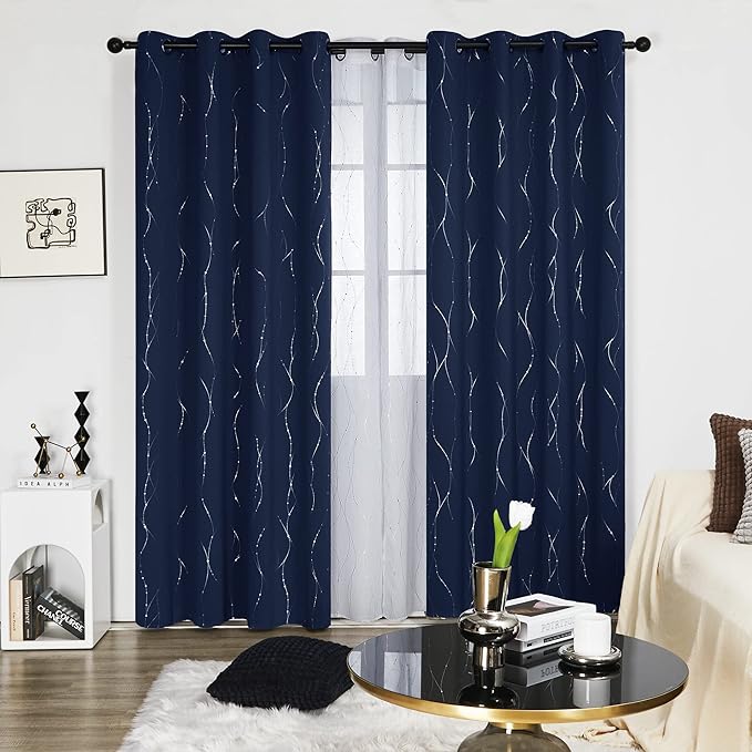 Deconovo Blackout Curtains for Living Room, Thermal Insulated Soundproof Drapes, Wave Dots Silver Print, 52 x 95 Inches Long, 2 Panels, Machine‑Washable Window Panel for Bedroom Patio Door, Navy Blue - Image 2