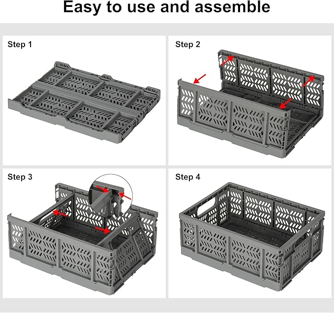 Heavy Duty Plastic Milk Crates for Storage, 4-Pack Stackable Storage Bins for Organizing, Collapsible Storage Basket with Handle for Groceries, Suitable for Home Office School Store, Gray - Image 5
