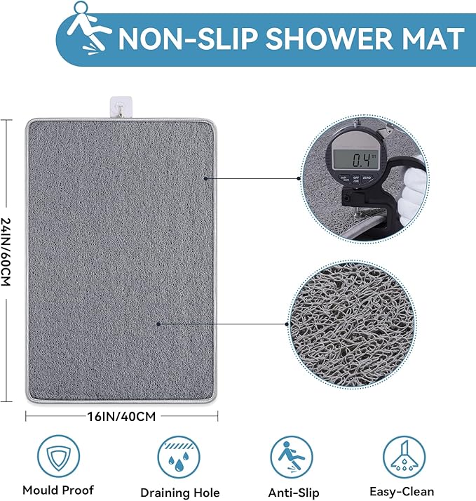 Non Slip Shower Mat Bathtub Mat 16x24 Inch, Quick Dry Bath Mat with Drain, Soft PVC Imitation Loofah Foot Scrubber Bath Mats for Bathroom Tub Shower Floor, Hangable & Hook Included, Gray - Image 3