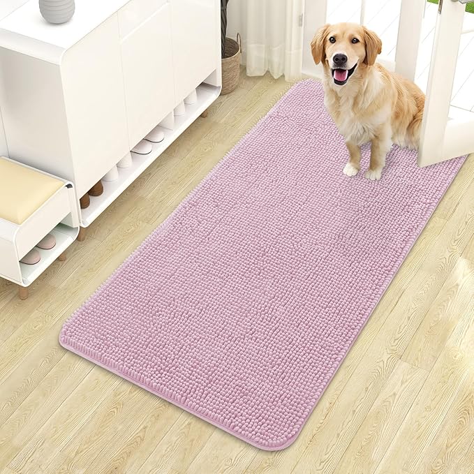 OLANLY Dog Door Mat for Muddy Paws 44x24, Absorbs Moisture and Dirt, Absorbent Non-Slip Washable Doormat, Quick Dry Chenille Mud Mat for Dogs, Entry Indoor Entryway Carpet for Inside Floor, Dusty Rose by OLANLY