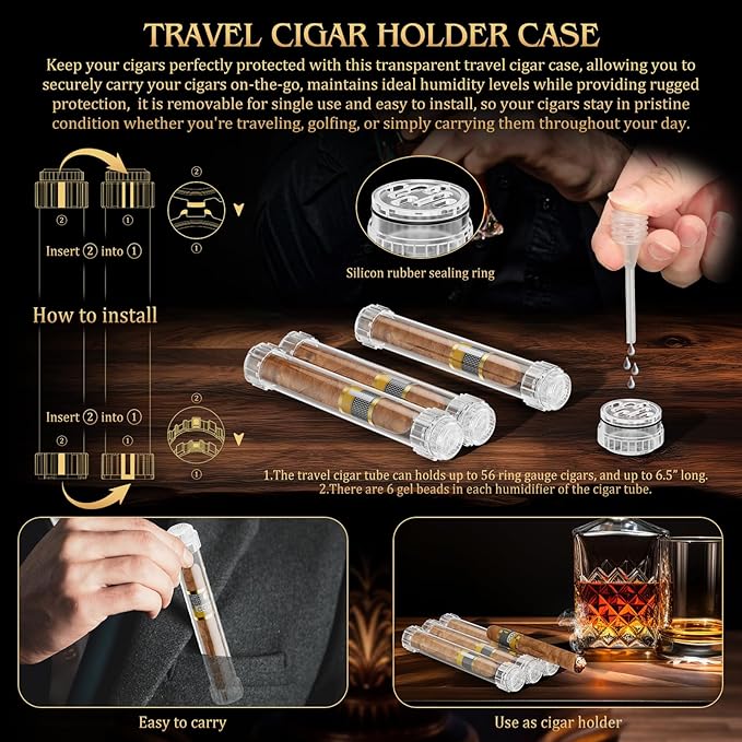 TISFA Cigar Humidor Cedar Wood Cigar Box with 2 Digital Hygrometer, 2 Humidifiers, Cedar Tray, Divider, Accessory Drawer, Glass Top Large Desktop Humidors and Acrylic Travel Cigar Tube Gifts Set - Image 3