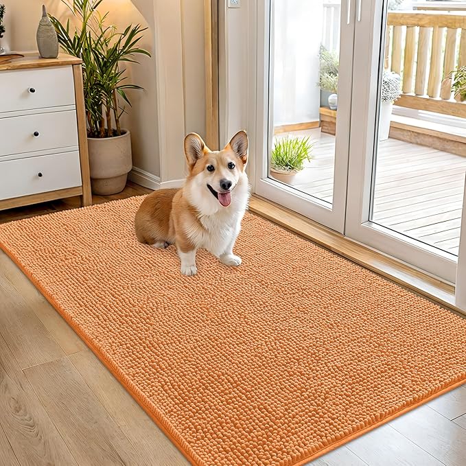 OLANLY Dog Door Mat for Muddy Paws 54x32, Absorbs Moisture and Dirt, Absorbent Non-Slip Washable Doormat, Quick Dry Chenille Mud Mat for Dogs, Entry Indoor Entryway Carpet for Inside Floor, Orange by OLANLY