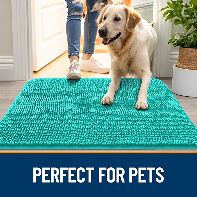 OLANLY Dog Door Mat for Muddy Paws 24x16, Absorbs Moisture and Dirt, Absorbent Non-Slip Washable Doormat, Quick Dry Chenille Mud Mat for Dogs, Entry Indoor Entryway Carpet for Inside Floor, Teal - Image 6