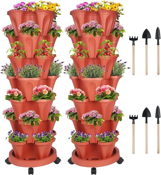 DUNCHATY Stackable Planters 7 Tier Vertical Garden Planting Tower Planters Strawberry, Herb, Flower, and Vegetable Planter Indoor Outdoor Gardening Pots with Removable Wheels and Tools, 2 Set by DUNCHATY