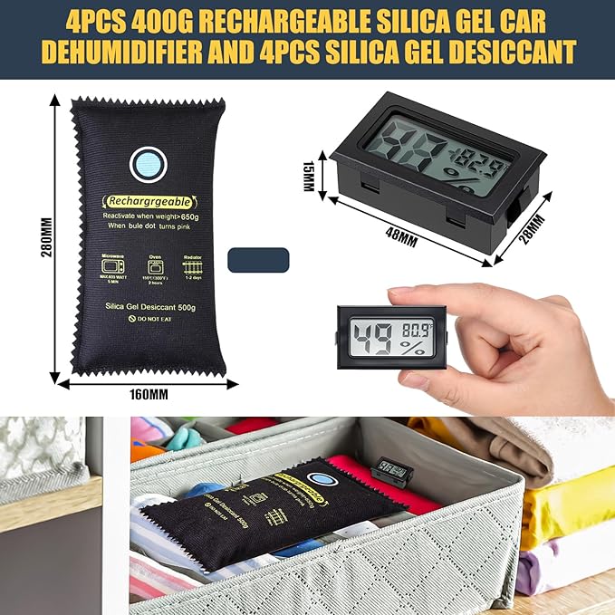 8 Pcs 500 Grams Rechargeable Silica Gel Desiccant Packets with Mini Digital LCD Hygrometer Thermometers Dehumidifier Bag for Gun Safe Closet Basement Car Storage Clothes Moisture Absorber - Image 2