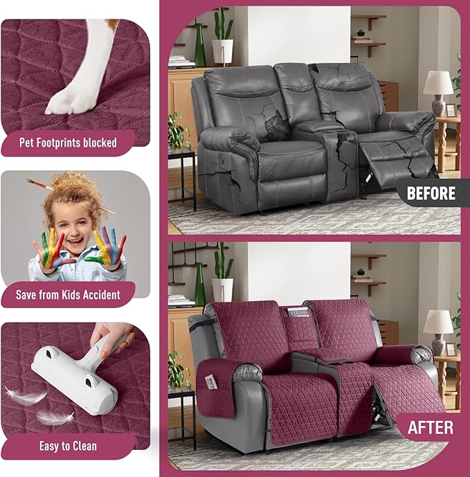 TAOCOCO 100% Waterproof Loveseat Recliner Cover with Console, Non-Slip Washable Reclining Couch Cover for 2 Seats, Furniture Protector for Dogs, Wine - Image 2