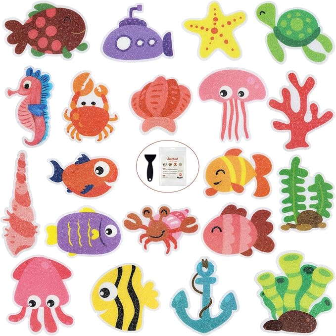 Non Slip Bathtub Stickers, 20pcs Submarine Sea Creature Adhesive Kids Anti Slip Decal Treads for Shower and Bath Tub with Premium Scraper by Secopad