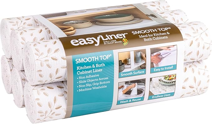 Smooth Top EasyLiner for Cabinets & Drawers - Easy to Install & Cut to Fit - Shelf Paper & Drawer Liner Non Adhesive - Non Slip Shelf Liner - 12in. x 10ft. - 6 Roll Project Pack - Taupe Buds by DuckBrand