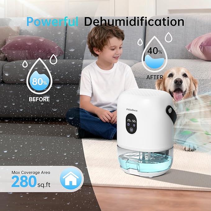 PHILODECO 280 Sq. Ft 35 OZ Dehumidifier, Portable Small Dehumidifiers for Bedroom, Bathroom, Basement,RV with CO mode, Sleep mode, Auto Shut Off, 7 Colorful Lights, White - Image 4
