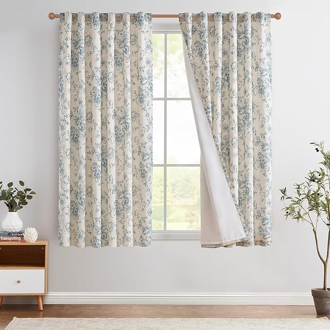 jinchan Lined Linen Blend Curtain Floral Curtains for Living Room 63 Inch Length Blue Peony Flower Printed Curtain Rod Pocket Back Tab Farmhouse Patterned Drapes Bedroom Window Curtains Set 2 Panels by JINCHAN