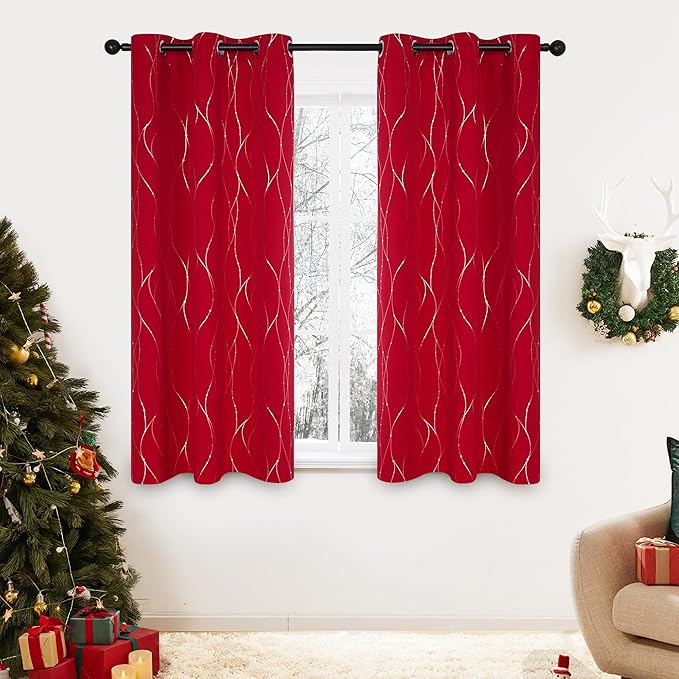 Deconovo Short Blackout Curtains, Christmas Red Curtain, Thermal Insulated Soundproof Drapes, Wave Line Dots Foil Print, 38 x 54 Inch, 2 Panels, Machine‑Washable Window Drape for Kitchen Small Window by Deconovo