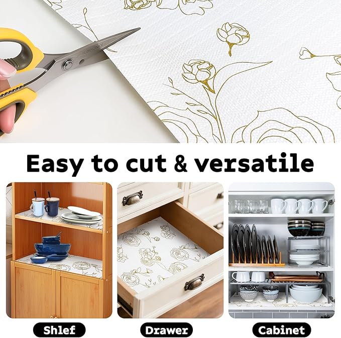 Shelf and Drawer Liner for Kitchen Cabinets Non-Adhesive, Strong Grip Non-Slip Thickened Drawer Liners for Dresser, Cupboard Liner with Knife and Tape Measure, Gold Floral, 12 in x 10 Feet - Image 5