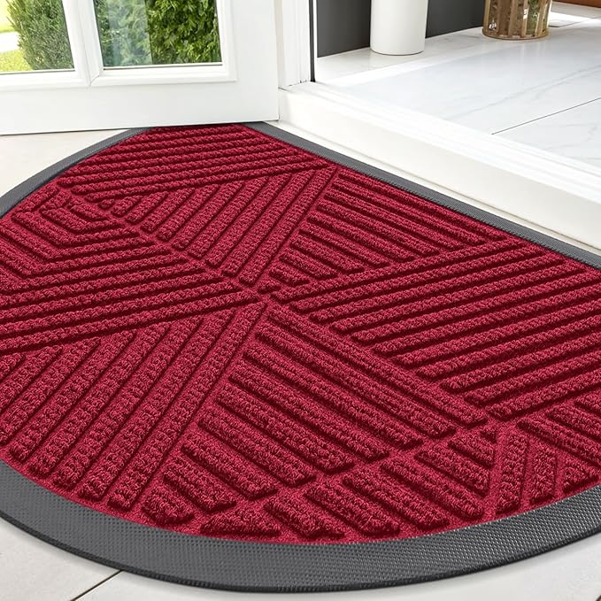 Smiry Half Circle Front Door Mat Outside Entrance, Heavy Duty Sturdy Natural Rubber Doormat, Trap Dirt and Moisture, Low Profile Mats for Indoor Outdoor Entry, Irregular Triangle (47x32, Wine Red) by Smiry
