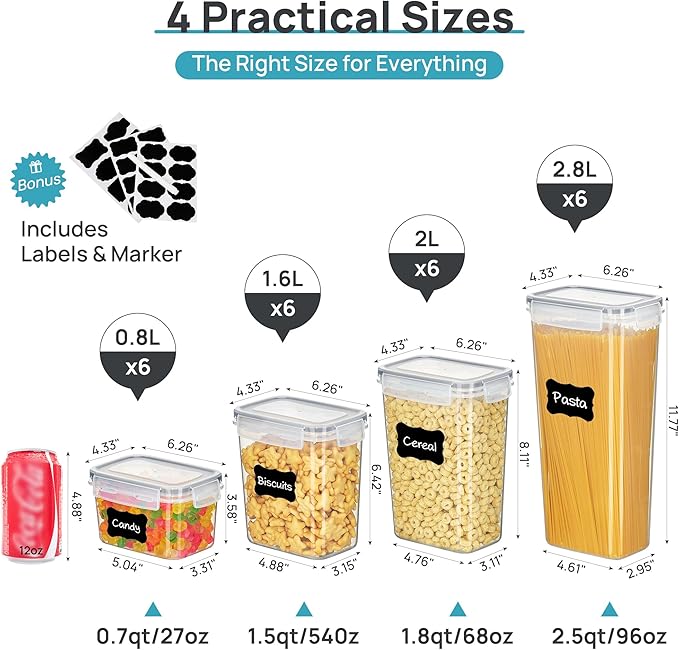 Vtopmart Airtight Food Storage Containers with Lids, 24 pcs Plastic Kitchen and Pantry Organization Canisters for Cereal, Dry Food, Flour and Sugar, BPA Free, Includes 24 Labels，Gray - Image 2