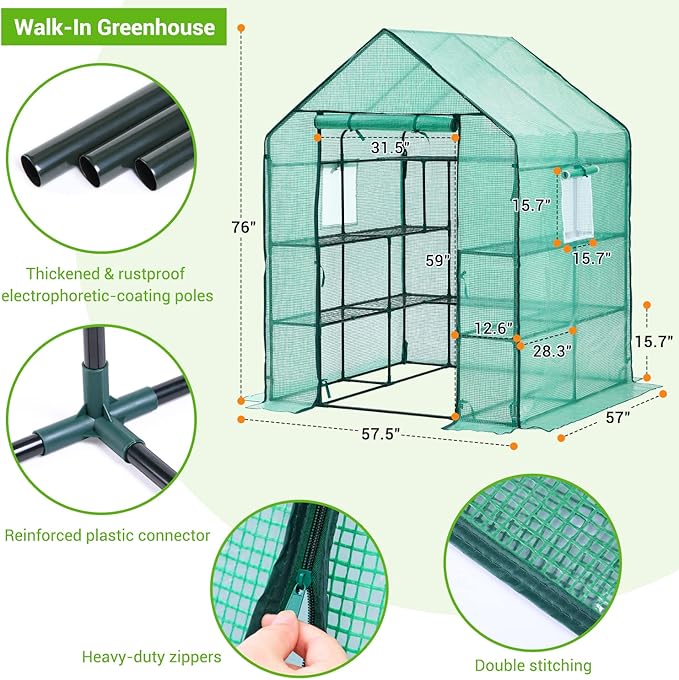 Greenhouse for Outdoors with Screen Windows, Ohuhu Upgraded 4 Tiers 11 Shelves Walk-in Greenhouses with Durable PE Cover, Outside Garden Plastic Green House with Ground Pegs & Ropes for Stability - Image 6
