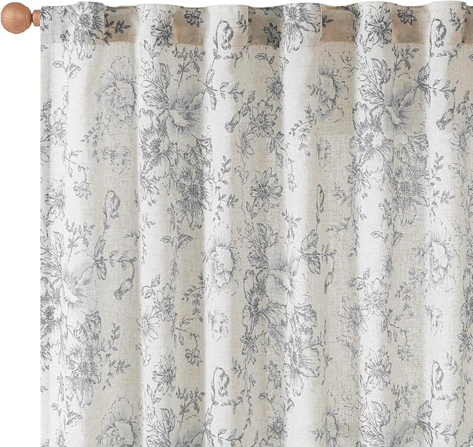 jinchan Linen Blend Curtain Floral Curtains for Living Room 90 Inch Length Grey Printed Curtain Rod Pocket Back Tab Farmhouse Peony Flower Patterned Drapes Bedroom Window Curtains Set 2 Panels - Image 9