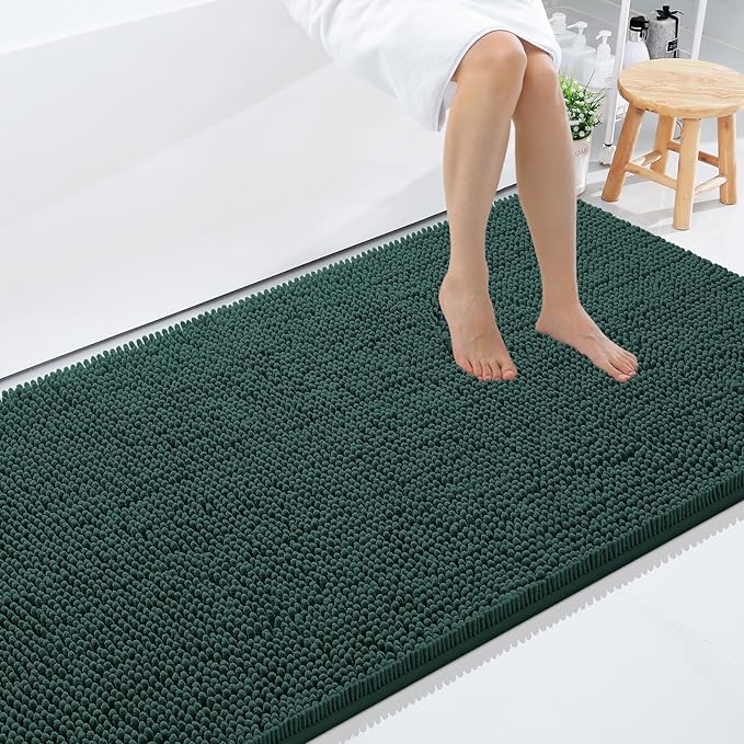 Smiry Luxury Chenille Bathroom Rugs 59x35, Extra Soft and Absorbent Shaggy Bath Mat, Machine Washable, Non-Slip Plush Carpet Runner for Tub, Shower, and Floor, Home Decor Accessories, Green by Smiry