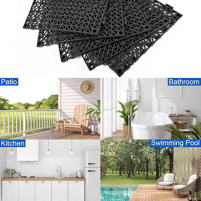 MYFAMIREA Modular Interlocking Cushion 24 Pack 11.8" x 11.8" Rubber Floor Tiles Non-Slip Splicing Drainage Mats for Deck, Pool, Outdoor Shower, Patio, Balcony, Indoor Bathroom, Kitchen, Yard (Black) - Image 7
