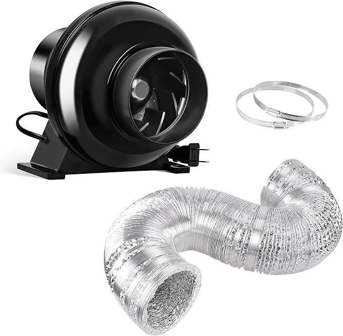 HealSmart 4 Inch 195 CFM Exhaust Inline Vent Booster Blower and 25 Feet Non-Insulated Flex Air Aluminum Foil with 2 Clamps for Indoor Grow Tent Hydroponics Ventilation, Quiet by HealSmart
