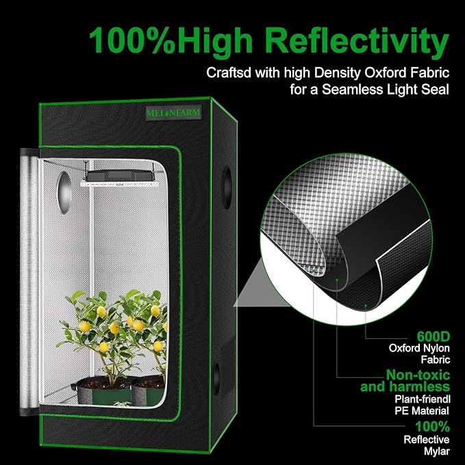 MELONFARM 2x2 Grow Tent, 24"x24"x36'' High Reflective 600D Diamond Mylar Canvas with Observation Window and Floor Tray for Hydroponic Indoor Plant Growing - Image 3