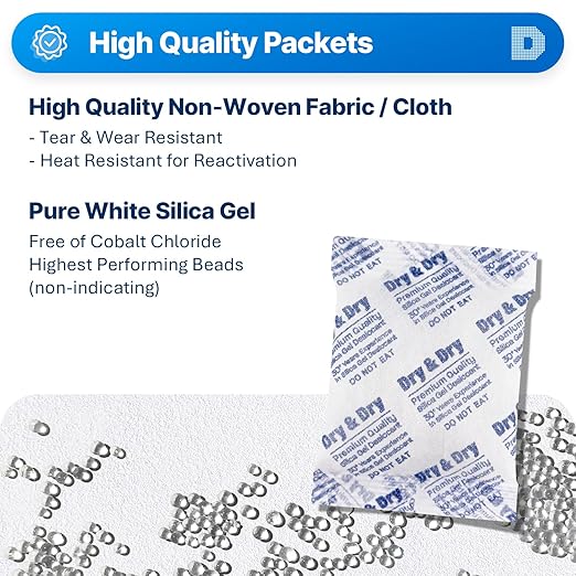 Dry & Dry 50 Gram [40 Packets] Silica Gel Packets, Desiccants - Rechargeable Fabric Silica Gel Packs, Silica Gel, Silica Packets, Desiccant Packs for Storage - Image 2
