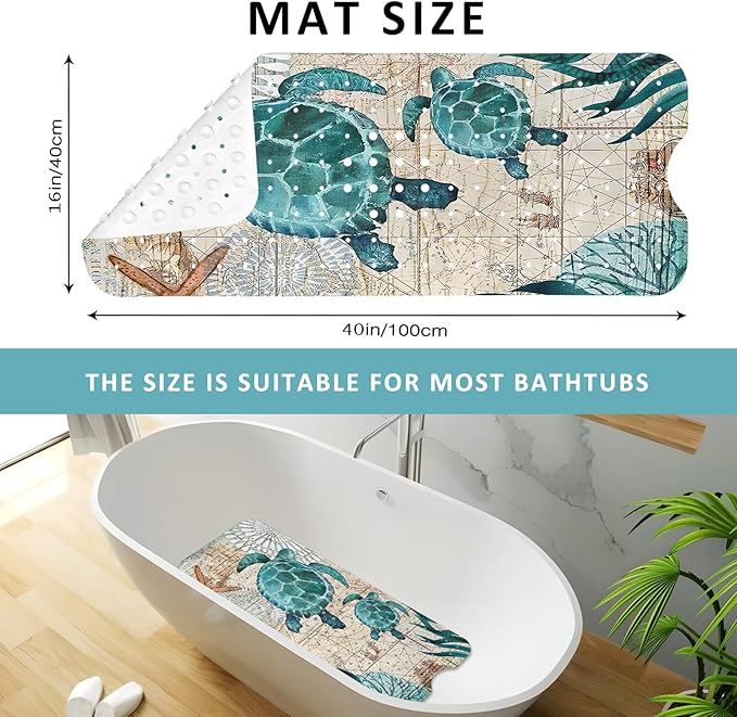 Sea Turtle Bathtub Mat Non Slip, Baby Bath Mat for Tub Rubber Tub Mat, Cute Kids Bath Mats for Bathroom Ocean Beach Anti Slip Shower Mat with Suction and Drain Holes Machine Washable, 40″X16″ - Image 3