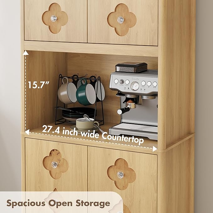Garvee 72" Tall Pantry Cabinet, Kitchen Hutch Storage Cabinet with Countertop for Microwave, Freestanding Wooden Cupboard with Carved Door & Crystal Handle, for Dining Room, Living Room, Light Oak - Image 2