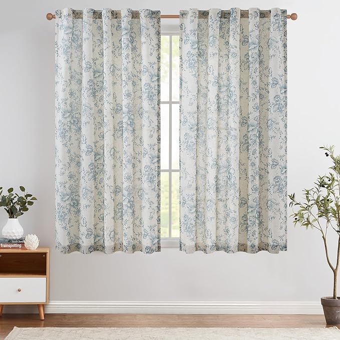 jinchan Linen Blend Curtain Floral Curtains for Living Room 63 Inch Length Blue Printed Curtain Rod Pocket Back Tab Farmhouse Peony Flower Patterned Drapes Bedroom Window Curtains Set 2 Panels by JINCHAN
