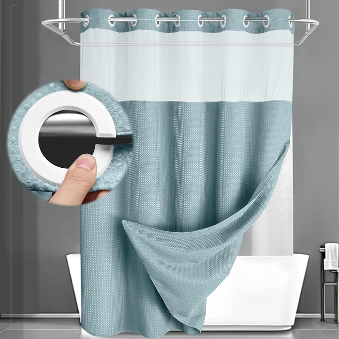 No Hook Shower Curtain and Liner Set,Cyan Hotel Waffle Shower Curtain with Liner 75" L x 72" W by Unknown